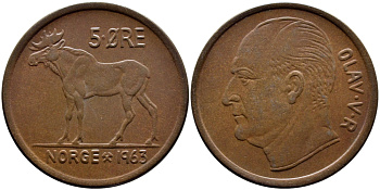 НОРВЕГИЯ 5 ЭРЕ 1963 ЛОСЬ KM 405 бронза 51-1546