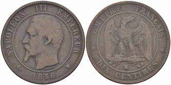 ФРАНЦИЯ 10 САНТИМОВ 1856 MA, НАПОЛЕОН III (1852-1870) KM 771.6, LE FRANC 133.37 бронза 38-1212