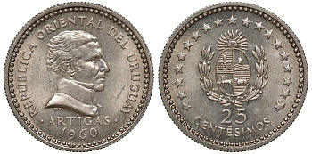 Уругвай 25 сентесимо 1960 KM 40 медно-никель 4169-927