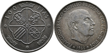 Испания 100 песет 1966 (67) Франсиско Франко (1939-1975) KM 797 серебро 1515-945