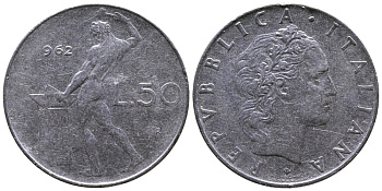 ИТАЛИЯ 50 ЛИР 1962 R, КУЗНЕЦ KM 95.1 сталь 3333-833