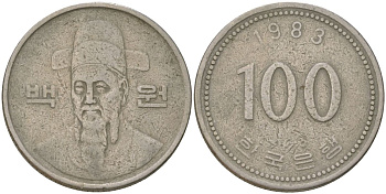 Южная Корея 100 вон 1983 Ли-Сунсин, корейский флотоводец KM 35.2 медно-никель 4187-431