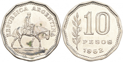 Аргентина 10 песо 1962 Гаучо KM 60 никелированная сталь UNC 68-557
