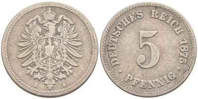 ГЕРМАНИЯ 5 ПФЕННИГОВ 1875 А, СТАРОГЕРБОВКА KM 3, J.3 медно-никель 4588-337