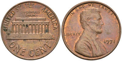 США 1 цент 1971 Линкольн KM 201 медь цинк 4115-911