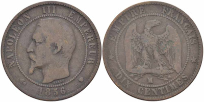 Франция 10 сантимов 1856 MA, Наполеон III (1852-1870) KM 771.6, Le Franc 133.37 бронза    4680-612
