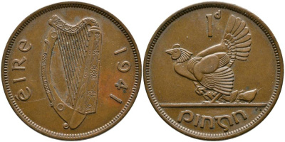 Ирландия 1 пенни 1941 курица с цыплятами KM 11 бронза 4531-626