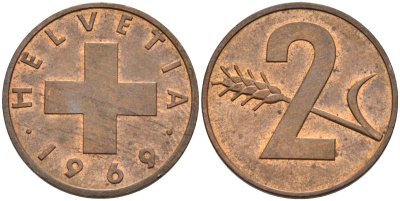 Швейцария 2 раппена 1969 KM 47 бронза 4543-417