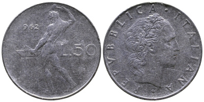 ИТАЛИЯ 50 ЛИР 1962 R, КУЗНЕЦ KM 95.1 сталь 3333-833