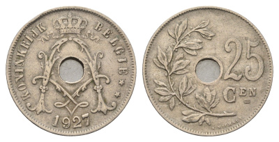Бельгия 25 сантимов 1927 Belgie KM 69 медно-никель 4648-1134