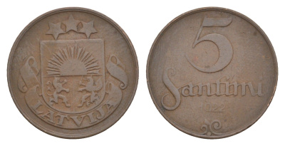 Латвия 5 сантимов 1922 KM 3 бронза 4658-1169