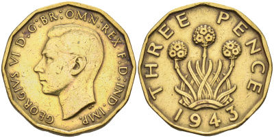 Великобритания 3 пенса 1943 Георг VI (1936-1952) KM 849, Spink 4112 никель латунь 4589-821