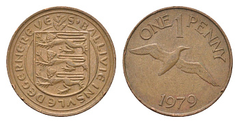Гернси 1 пенни 1979 Елизавета II (1952-2022), северная олуша в полете KM 27 бронза 4702-754