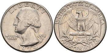 США 25 центов (квотер) 1974 D, Вашингтон KM 164a медь плакированная медно-никелем 4584-1041