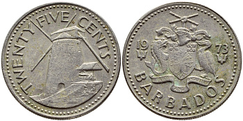 Барбадос 25 центов 1973 ветряная мельница Моргана Льюиса KM 13 медно-никель 4398-343