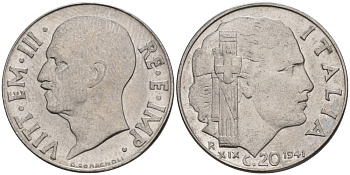 ИТАЛИЯ 20 ЧЕНТЕЗИМО 1941 R, ГОД XIX, ВИКТОР ЭММАНУИЛ III (1900-1946) KM 75b, VEM3. 1028 нержавеющая сталь 3853-546