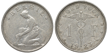 Бельгия 1 франк 1923 Belgie, Альберт I (1909-1934) KM 90 никель 51-657