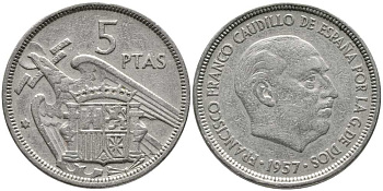ИСПАНИЯ 5 ПЕСЕТ 1957 (58) ФРАНСИСКО ФРАНКО ДИКТАТОР ИСПАНИИ (1939-1975) KM 786 медно-никель 110-945