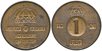 Швеция 1 эре 1969 U, Густав VI Адольф (1950-1973) KM 820 бронза 4387-146