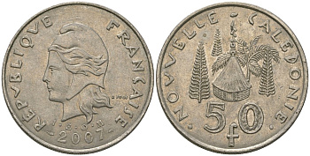 Французская Новая Каледония 50 франков 2007 хижина среди сосен и пальм, (IEOM) KM 13a, Schoen 15a, Lec 128i медно-никель 114-231