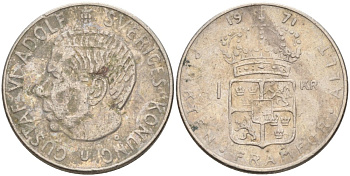 Швеция 1 крона 1971 U, Густав VI Адольф (1950-1973) KM 826а медь плакированная медно-никелем 4557-414