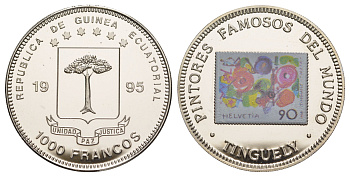 Экваториальная Гвинея 1000 франков 1995 Знаменитые марки - Жан Тэнгли KM 93 медно-никель PROOF 1079-10-44
