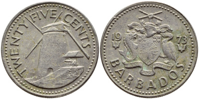 Барбадос 25 центов 1973 ветряная мельница Моргана Льюиса KM 13 медно-никель 4398-343