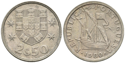 Португалия 2,5 эскудо 1980 парусник KM 590 медно-никель 4147-639