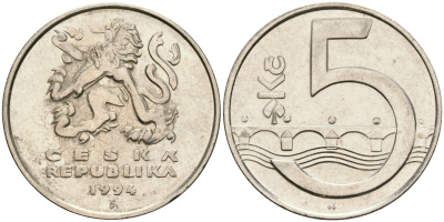Чехия 5 крон 1994 чешский лев, Карлов мост KM 8 сталь плакированная никелем 08-1131