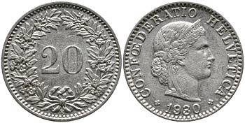 Швейцария 20 раппенов 1930 B KM 29 никель     4539-535