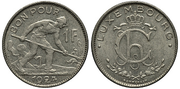 ЛЮКСЕМБУРГ 1 ФРАНК 1924 СТАЛЕВАР KM 35 никель 1520-615