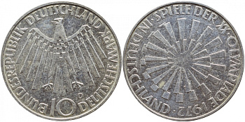 ФРГ 10 МАРОК 1972 D, ОЛИМПИАДА, СПИРАЛЬ KM 130, J.401a серебро UNC 1520-1415
