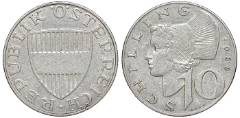 Австрия 10 шиллингов 1958 KM 2882 серебро 4178-534