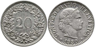 Швейцария 20 раппенов 1930 B KM 29 никель     4539-535