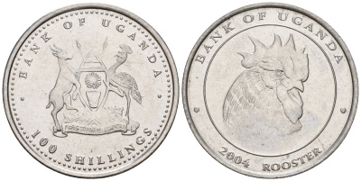 Уганда 100 шиллингов 2004 серия лунный календарь, год петуха KM 142 сталь UNC M58-03