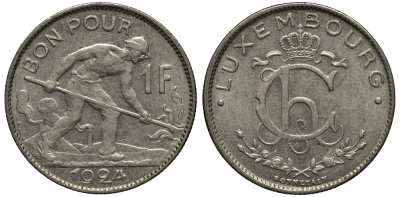 ЛЮКСЕМБУРГ 1 ФРАНК 1924 СТАЛЕВАР KM 35 никель 1520-615