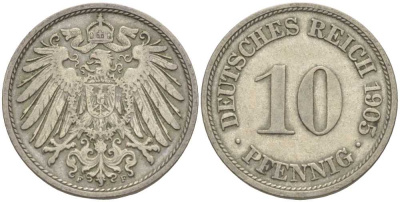 Германия 10 пфеннигов 1905 F KM 12, J. 13 медно-никель 34-652