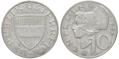 Австрия 10 шиллингов 1958 KM 2882 серебро 4178-534