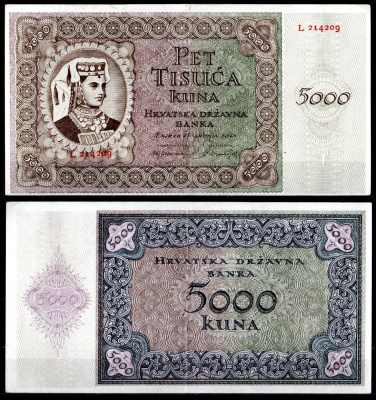 Хорватия 5000 куна 1943 Pick 14 a бумага 7553-31-1-2