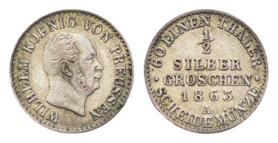 Пруссия 1/2 серебряных гроша 1863 A, Вильгельм I (1861-1888) KM 484 серебро 1531-1512