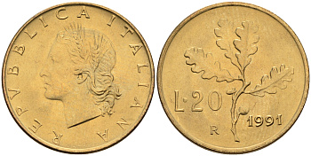 Италия 20 лир 1991 R, дубовый лист KM 97.2 алюминиевая бронза  UNC  4594-841