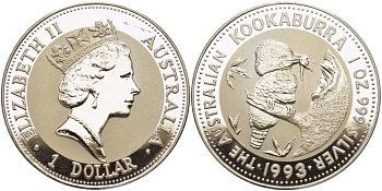 Австралия 1 доллар 1993 кукабара на ветке KM 209 серебро PROOF 00-000-00