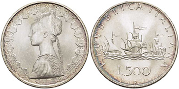 Италия 500 лир 1958 R, корабли Колумба KM 98 серебро 51-4543