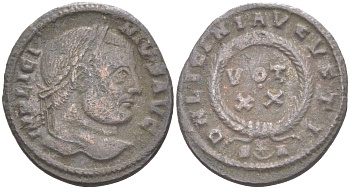 Римская Империя нуммий 321 Лициний I, бюст императора, IMP LICINIVS AVG / венок, D N LICINI AVGVSTI VOT XX, Арелат (Константина) (из немецкой коллекции 1-й половины XX века, с владельческой этикеткой) RIC 240 биллон 1073-14-112