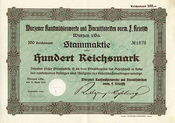 Германия 100 рейхсмарок 1931 Художественные фабрики Вюрцена и бисквитные фабрики, в частности, им. Ф. Критча, им. Вюрцена и др., зеленая, акция   бумага   8801-48-1