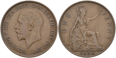 Великобритания 1 пенни 1935 Георг V (1910-1936) KM 838, Spink 4055 бронза 4117-826
