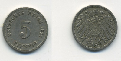 Германия 5 пфеннигов 1911 A KM 11, J. 12, Weege 6 медно-никель 23-1053