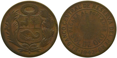 Перу 1/2 соль 1942 S KM 220.3, Schon 23 латунь 4539-327