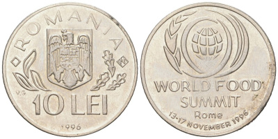 Румыния 10 леев 1996 Международный продовольственный саммит в Риме KM 126 сталь плакировнная никелем UNC 183-1017