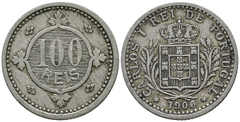 ПОРТУГАЛИЯ 100 РЕЙС 1900 КАРЛОС I (1889-1908) KM 546 медно-никель 34-855